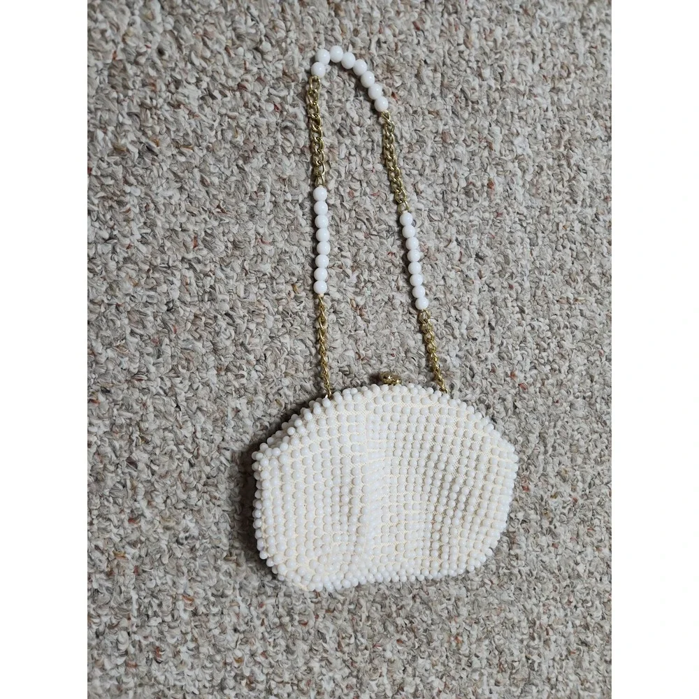 John Wind Purse Vintage Beaded 60's Hong Kong Boho Hippie Cloth Bag Ivory Gold